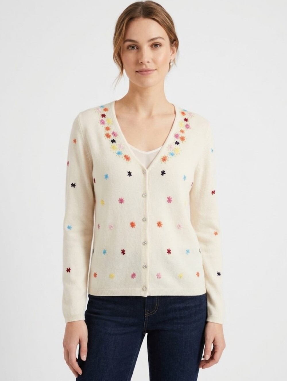 Lana D'oro Cashmere Embroidered Cardigan Knit Sweater 42 Medium